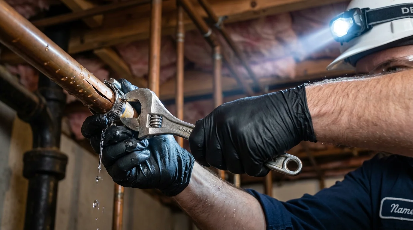 Emergency pipe clamp repair being performed by a Johns Plumbing LLC plumber in Superior