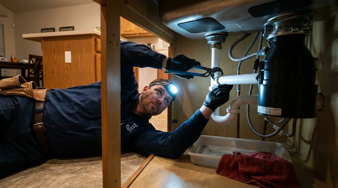 P-trap and supply line connections under a kitchen sink showing a common leak point in Superior, WI